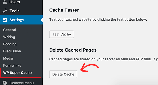 WP Super Cache حذف ذاكرة التخزين المؤقت