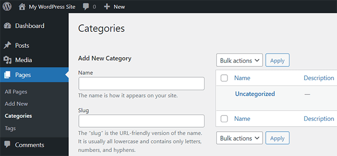 add new category for pages