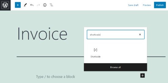 create a new page and add shortcode block