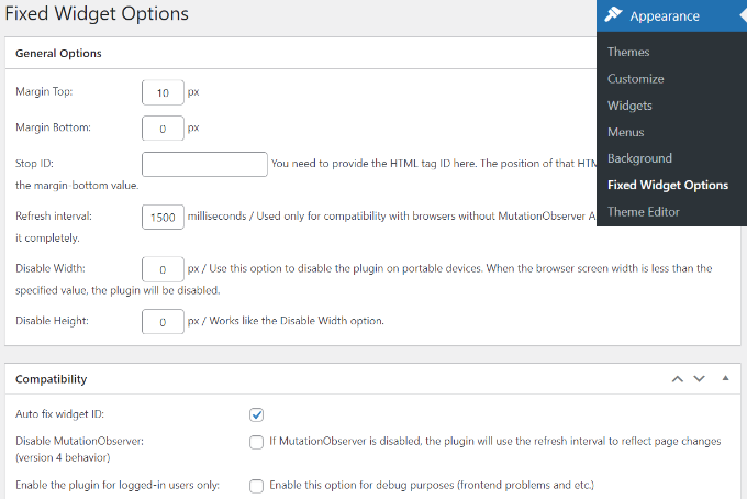 fixed widget plugin settings