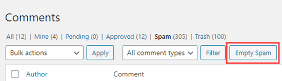 wordpress empty spam button