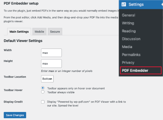 إعدادات PDF Embedder