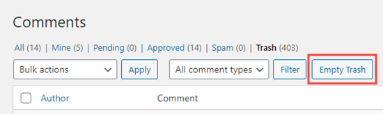 إفراغ سلة المهملات لحذف جميع التعليقات المعلقة من WordPress