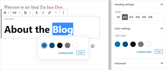 تغيير لون نص كتلة العنوان في WordPress