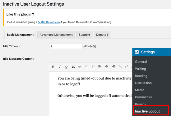 صفحة الإعدادات للمكوِّن الإضافي Inactive Logout