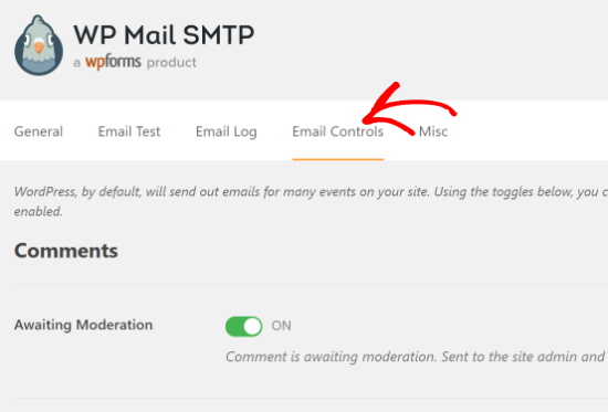 علامة تبويب عناصر التحكم في البريد الإلكتروني في WP Mail SMTP