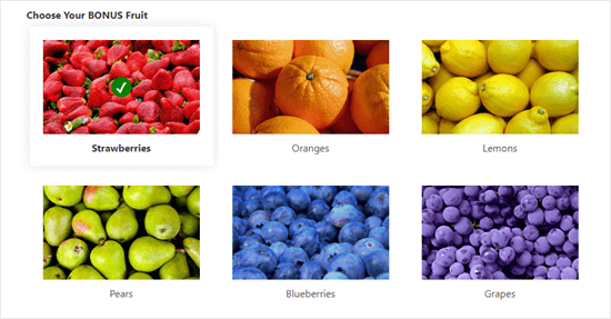 مثال على اختيارات الصور المستخدمة في نموذج يعرض صورًا ملونة لـ 6 خيارات للفاكهة