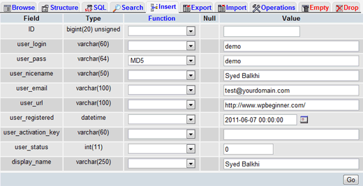 phpMyAdmin أدخل القيم في جدول wp users