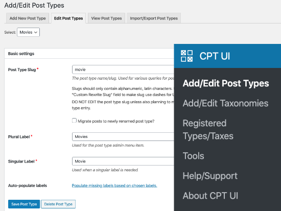 تحرير أنواع المنشورات باستخدام البرنامج المساعد CPT UI