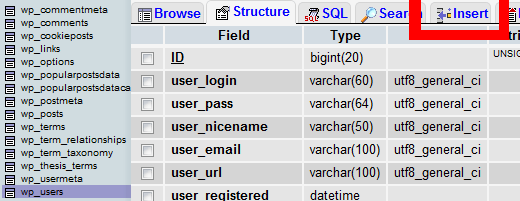 جدول phpMyAdmin wp users