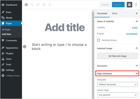 page attributes in wordpress