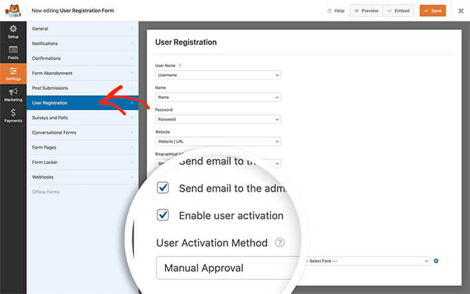 wpforms user registration admin approval