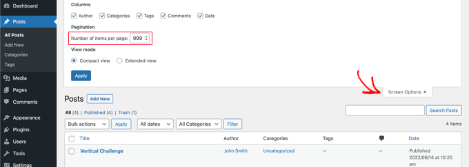 استخدم خيارات الشاشة لعرض 999 منشورًا في كل مرة
