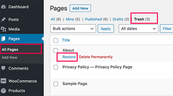 restore deleted page wp