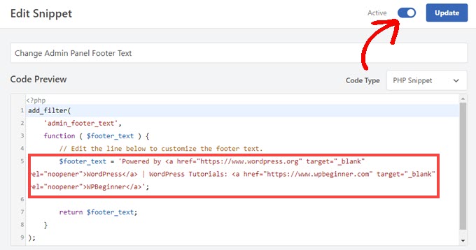 WPCode change admin panel edit snippet