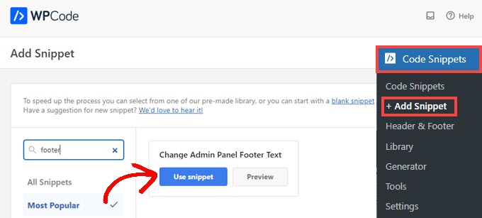 WPCode change admin panel use snippet