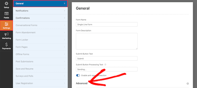 form advanced settings