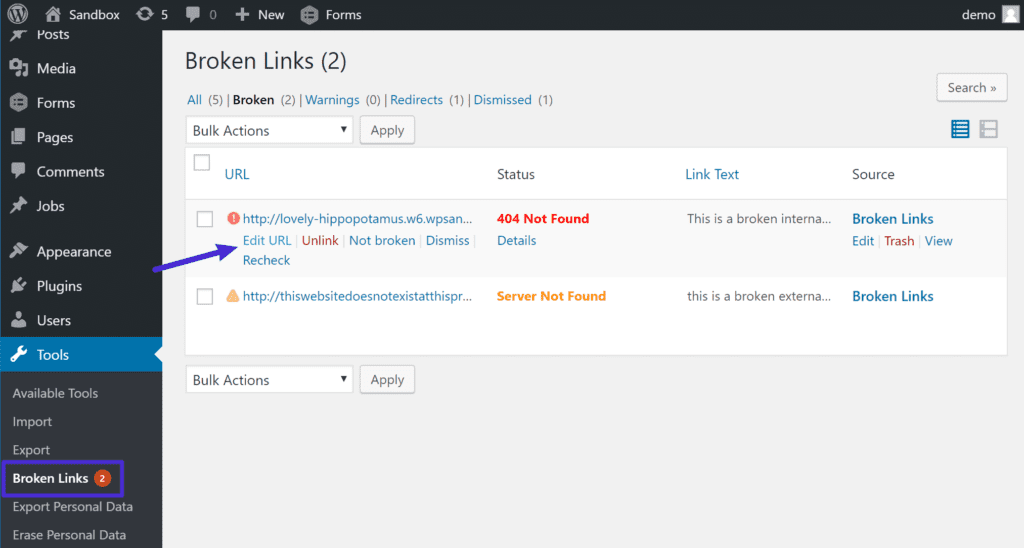 how to fix broken links in wordpress plugin