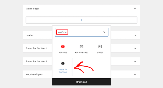 select youtube feed block widget