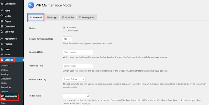 wp maintenance settings